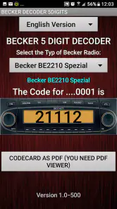 Becker 5Digit Radio Code screenshot